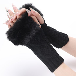 Honeyhandy Polyacrylonitrile Fiber Yarn Knitting Fingerless Gloves, Fluffy Winter Warm Gloves with Thumb Hole, Black, 200~260x125mm