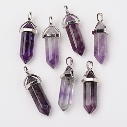 Honeyhandy Natural Amethyst Double Terminated Pointed Pendants, with Random Alloy Pendant Hexagon Bead Cap Bails, Bullet, Platinum, 37~40x12mm, Hole: 3mm