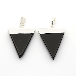 Honeyhandy Gemstone Triangle Pendants, with Silver Color Plated Brass Findings, Black Agate, 34x22~28x4mm, Hole: 8x5mm