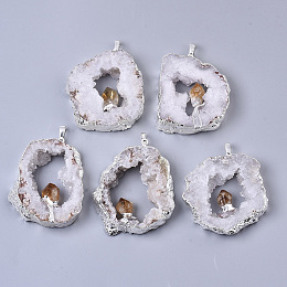 Honeyhandy Natural Druzy Agate Big Pendants, Edge Platinum Plated, with Natural Citrine and Iron Snap on Bails, Nuggets, 37~71x29~55x9~15mm, Hole: 4x6mm