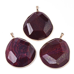 Honeyhandy Natural Crackle Agate Big Pendants, with Light Gold Plated Brass Edge & Pinch Bails, Dyed & Heated, Oval, Faceted, Medium Violet Red, 61~62x54~55x12~14mm, Hole: 4x7mm