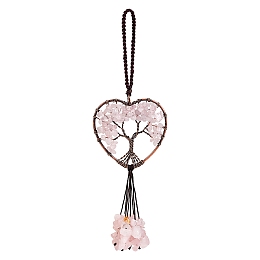 Honeyhandy Wire Wrapped Chips Natural Rose Quartz Big Pendant Decorations, with Red Copper Plated Brass Wires and Nylon Cord, Heart with Tree of Life, 160mm, 1pc