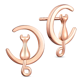 SHEGRACE Unique Design 925 Sterling Silver Stud Earrings, Half Hoop Earrings, with Kitten and Moon, Rose Gold, 18.14x13mm