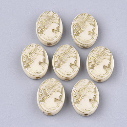 Plating Acrylic Beads, Metal Enlaced, Oval with Woman, LemonChiffon, 17.5~18x13x6mm, Hole: 1.8mm; about 580pcs/500g