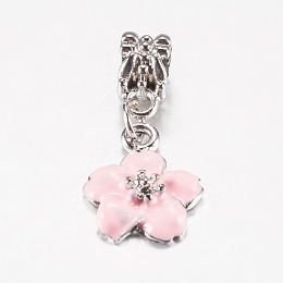 Honeyhandy Tibetan Style Alloy Enamel European Dangle Charms, Large Hole Pendants, Flower, Platinum, Pink, 29mm, Pendant: 16.5x13.5x4mm, Hole: 4.5mm