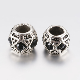 Honeyhandy Tibetan Style Alloy Rhinestone European Beads, Large Hole Beads, Barrel, Antique Silver, Black, 10x8mm, Hole: 5mm