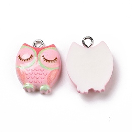 Honeyhandy Opaque Resin Pendants, with Platinum Tone Iron Loops, Animals Charm, Pink, Owl Pattern, 21x16x5.5mm, Hole: 2mm