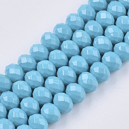 Honeyhandy Opaque Spray Painted Glass Beads Strands, Faceted, Rondelle, Light Sky Blue, 8x6mm, Hole: 1.2mm, about 68~72pcs/strand, 15.94 inch~17.52 inch