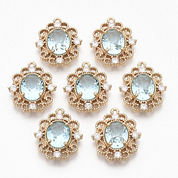 Honeyhandy Golden Tone Brass Pendants, with Faceted Glass and Rhinestone, Oval, Pale Turquoise, 20x17.5x5.5mm, Hole: 1.2mm