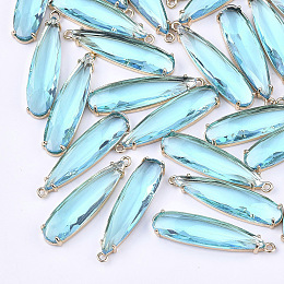 Honeyhandy Transparent Glass Pendants, with Brass Findings, Faceted, Teardrop, Light Gold, Aqua, 32x8x4mm, Hole: 1.2mm