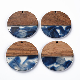 Honeyhandy Transparent Resin & Walnut Wood Pendants, Two Tone, Flat Round, Marine Blue, 38.5x3mm, Hole: 2mm