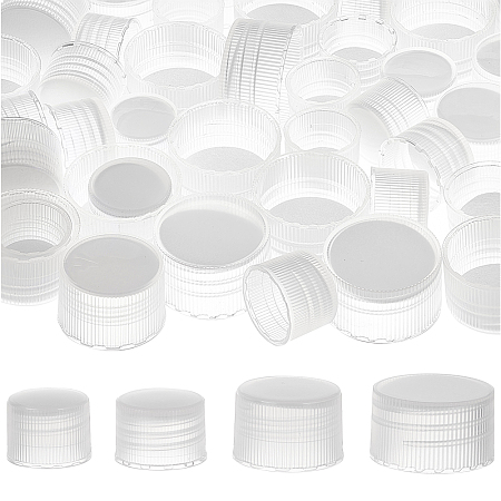 BENECREAT 56Pcs Clear Plastic Screw Caps with Foam Liner, 4 Style 18mm/24mm/28mm Flat Round Bottle Jug Storage Cap Lids for Jars and Bottles with Threads