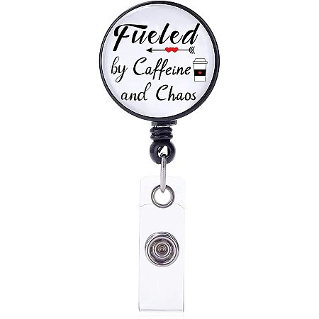 FINGERINSPIRE 4 Pcs Retractable Badge Reel Clip ID Badge Holder, 360°  Swivel Badge Reels with Alligator Clip on ID Card Holders for Office Worker  - Fueled by Caffeine and Chaos 