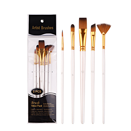Honeyhandy Painting Brush Set, Nylon Brush Head with Wooden Handle and Gold Plated Aluminium Tube, for Watercolor Painting Artist Professional Painting, Lavender Blush, 18~20.3cm, 5pcs/set