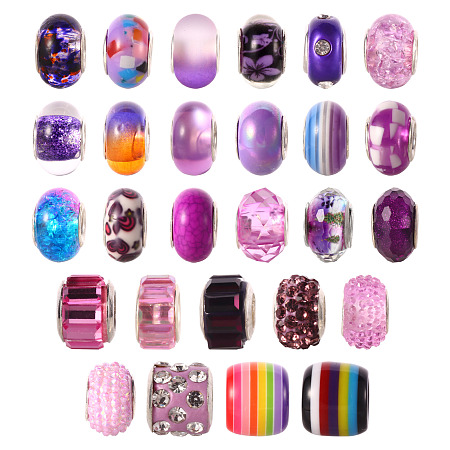 Honeyhandy 27Pcs 27 Style Acrylic & Resin & Polymer Clay Rhinestone European Beads, Large Hole Beads, with Silver Color Double Core, Rondelle & Column, Mixed Color, Beads: 13.5~14x8~10mm, Hole: 5mm