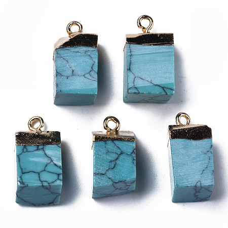 ARRICRAFT Synthetic Turquoise Pendants, with Gloden Brass Findings, Rack Plating, Cube, 18~21x9~12x9~13mm, Hole: 1.6mm