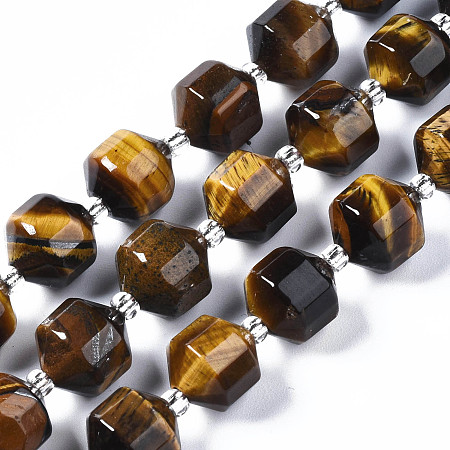 Arricraft Natural Tiger Eye Beads Strands, with Seed Beads, Faceted, Polygon, 10x9.5mm, Hole: 1.2mm, about 32~33pcs/strand, 14.76 inch~15.28 inch(37.5cm~38.8cm)