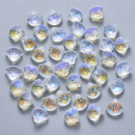 Honeyhandy Transparent Spray Painted Glass Beads, Top Drilled Beads, AB Color Plated, Scallop Shape, Clear AB, 10x10.5x6mm, Hole: 1mm