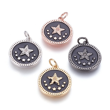 Brass Enamel Pentacle Pendants, with Cubic Zirconia, Flat Round with Star, Black, Mixed Color, 18x16x2mm, Hole: 3.5mm