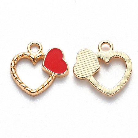 Honeyhandy Alloy Enamel Pendants, Heart, Light Gold, Red, 18x18x2.5mm, Hole: 2mm