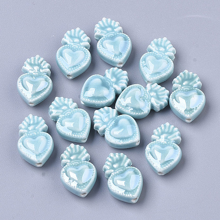 Honeyhandy Handmade Porcelain Beads, Bright Glazed Porcelain Style, Heart, Turquoise, 16x10.5x6.5mm, Hole: 1.2mm