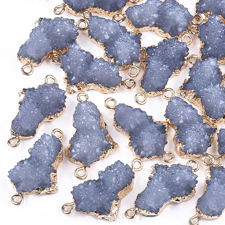 Honeyhandy Electroplate Druzy Resin Links connectors, with Iron Findings, Nuggets, Light Gold, Light Steel Blue, 28~29x15.5~16x9~10mm, Hole: 1mm
