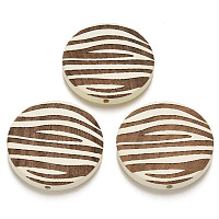 Honeyhandy Painted Natural Wood Beads, Laser Engraved Pattern, Flat Round with Zebra-Stripe, Creamy White, 30x5mm, Hole: 1.6mm