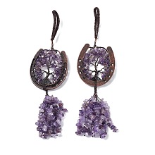 Honeyhandy Natural Amethyst Chip Tree of Life Pendants Decoration, Brass Horse Shose Tassel Gems Hanging Ornaments, 220mm, Pendant: 170x59x7mm