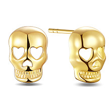 SHEGRACE 925 Sterling Silver Stud Earrings, for Halloween, Skull, Golden, 10x7.1mm