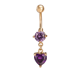 Honeyhandy Real 18K Gold Plated Brass Rhinestone Heart Navel Ring Belly Rings, Amethyst, 39x8mm, Bar Length: 3/8"(10mm), Bar: 14 Gauge(1.6mm)