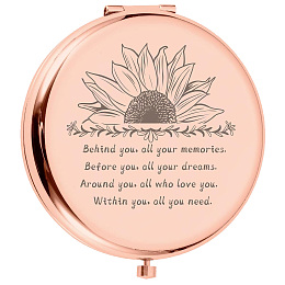 CREATCABIN 1Pc Stainless Steel Customization Mirror, Flat Round with Flower & Word, with 1Pc Rectangle Velvet Pouch, Rose Gold, Mirror: 7x6.5cm