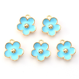 Honeyhandy Light Gold Plated Alloy Enamel Pendants, Flower, Cyan, 13x11.5x3mm, Hole: 1.6mm