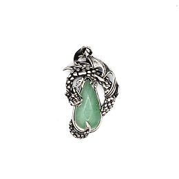 Honeyhandy Natural Green Aventurine Brass Pendants, Flying Dragon Charms with Faceted Teardrop Gems, Antique Silver, 38x22x6mm