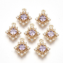 Honeyhandy Golden Tone Brass Pendants, with Faceted Glass and Clear Rhinestone, Rhombus, Violet, 14.5x11x4mm, Hole: 1.2mm, Diagonal Length: 14.5mm, Side Length: 10mm