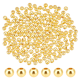 PandaHall Elite 400pcs 4mm Smooth Gold Beads 18K Gold Plated Brass Beads Long-Lasting Round Spacer Beads Seamless Loose Ball Beads for Summer Hawaii Stackable Necklace, Bracelet, Earring Making