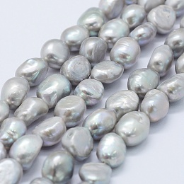 Natural Cultured Freshwater Pearl Beads Strands, Potato, Silver, 10~15x9.5~11x6.5~10mm, Hole: 0.2mm, about 32pcs/strand, 14.1 inch