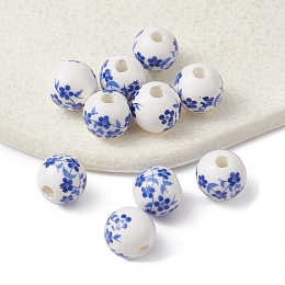 Honeyhandy Handmade Porcelain Beads, Blue and White Porcelain, Round with Flower, Blue, 10mm, Hole: 2mm