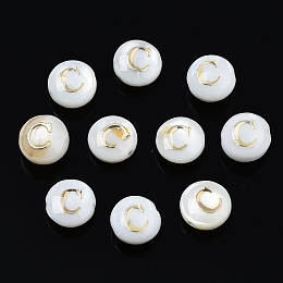 Honeyhandy Natural Freshwater Shell Beads, with Golden Plated Brass Etched Metal Embellishments, Flat Round with Letter, Seashell Color, Letter.C, 6x4mm, Hole: 0.8mm