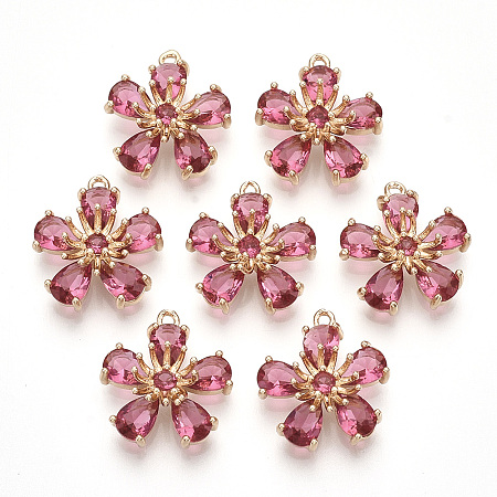Honeyhandy Transparent Glass Pendants, with Golden Tone Brass Findings, Faceted, Flower, Pearl Pink, 16x14.5x6mm, Hole: 1mm