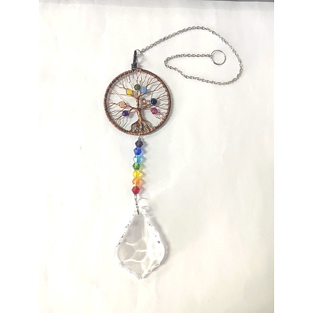 Honeyhandy Big Pendant Decorations, Hanging Sun Catchers, Chakra Theme K9 Crystal Glass, Flat Round with Tree of Life, Colorful, 36.83cm