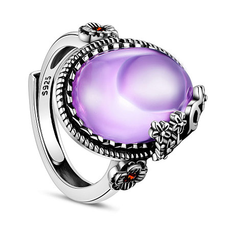 SHEGRACE Adjustable 925 Sterling Silver Finger Ring, with Purple Cubic Zirconia, Flower, Size 9, Purple, 19mm