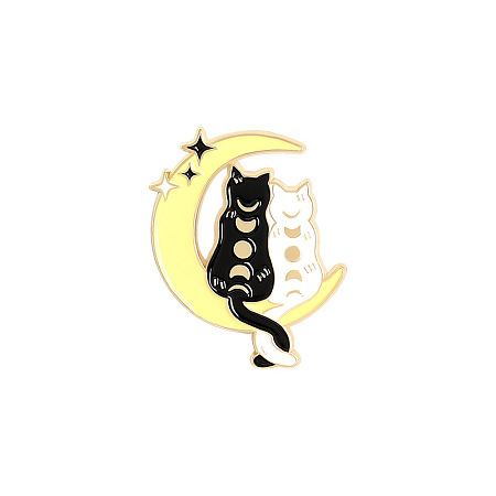 Honeyhandy Cat with Moon Enamel Pin, Light Gold Plated Alloy Badge for Backpack Clothes, Champagne Yellow, 30x22mm