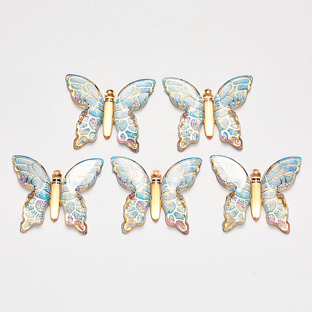 NBEADS Transparent Acrylic Pendants, with Plated Bottom, Butterfly, CornflowerBlue, 34x39x5.5mm, Hole: 1.2mm