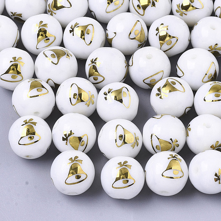 Honeyhandy Christmas Opaque Glass Beads, Round with Electroplate Christmas Bell Pattern, Golden Plated, 10mm, Hole: 1.2mm