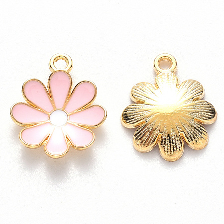 Honeyhandy Alloy Enamel Pendants, Flower, Light Gold, Pink, 19x16x3.5mm, Hole: 1.8mm