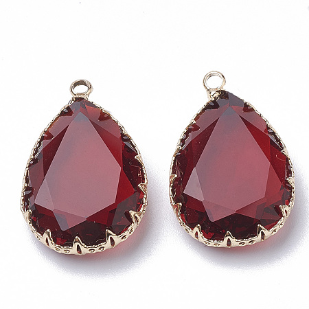Honeyhandy K9 Glass Pendants, with Golden Tone Brass Findings, Faceted, teardrop, Dark Red, 29~30x19x6~8.5mm, Hole: 2mm
