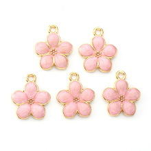 Honeyhandy Light Gold Plated Alloy Enamel Pendants, Flower, Pink, 17x14.5x1.5mm, Hole: 1.6mm