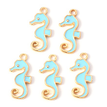 Honeyhandy Alloy Enamel Pendants, Sea Horse, Light Gold, Light Blue, 21x11x2mm, Hole: 1.6mm