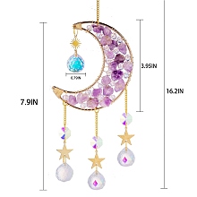 Honeyhandy Glass & Amethyst Nuggets Moon Pendant Decorations, Hanging Suncatchers, with Brass Findings, for Home Decoration, 411mm