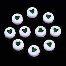 Honeyhandy Opaque Acrylic Beads, with Enamel, Flat Round with Heart, Dark Green, 7x3.5mm, Hole: 1.2mm, about 3600~3700pcs/500g